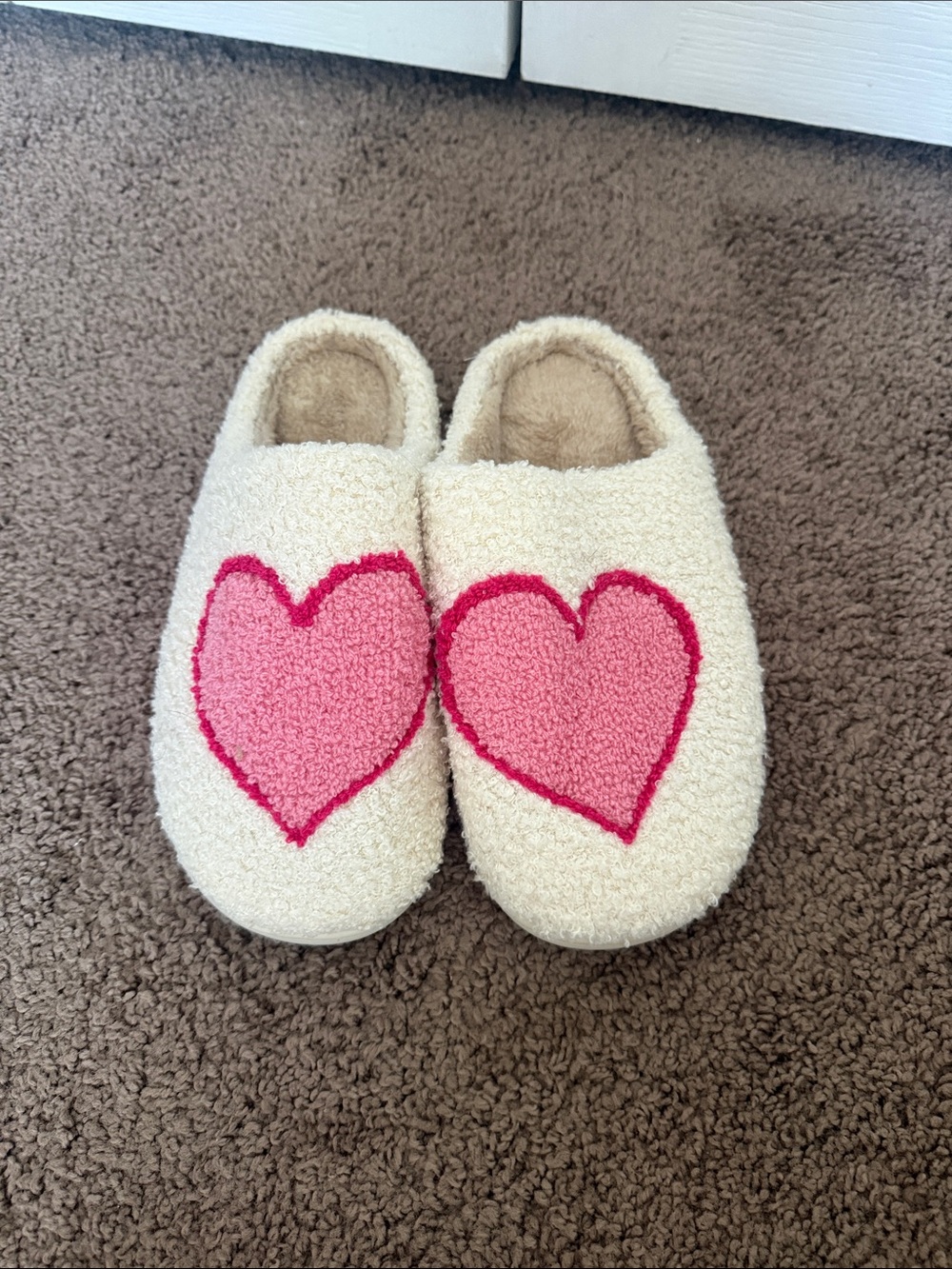 Pink Lily Cream Slippers with Pink Heart Appliqué